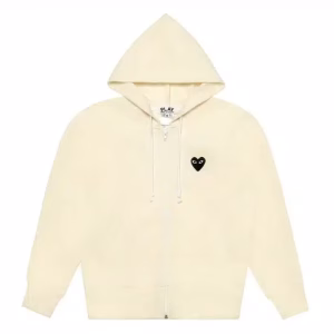 Cremefarbener CDG-Kapuzenpullover mit Reißverschluss und schwarzem Herz